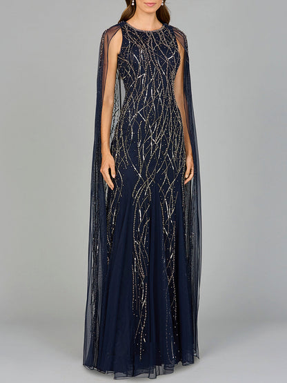 Elegant Beaded Dress with Long Cape