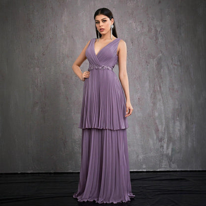 V neck Prom Evening Dress Tiered Dress Layered Cross Collar Host Formal Dress Elegant Graceful Dress Maxi Dress Women